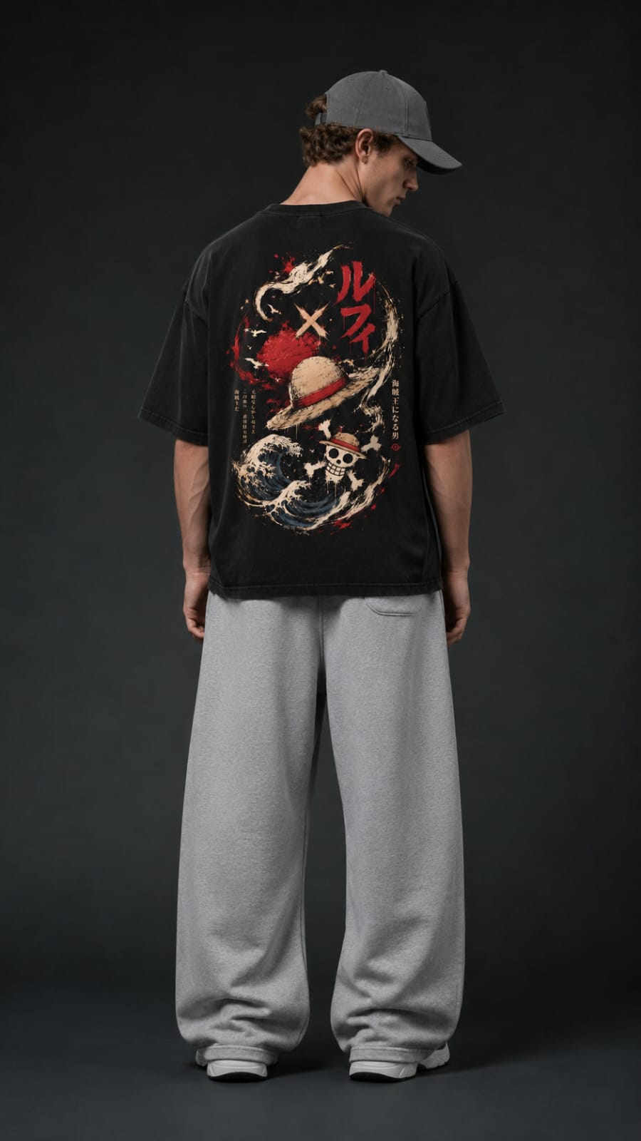 Monkey D. Luffy Straw Hat Japanese Wave Oversized Anime T-Shirt – Black