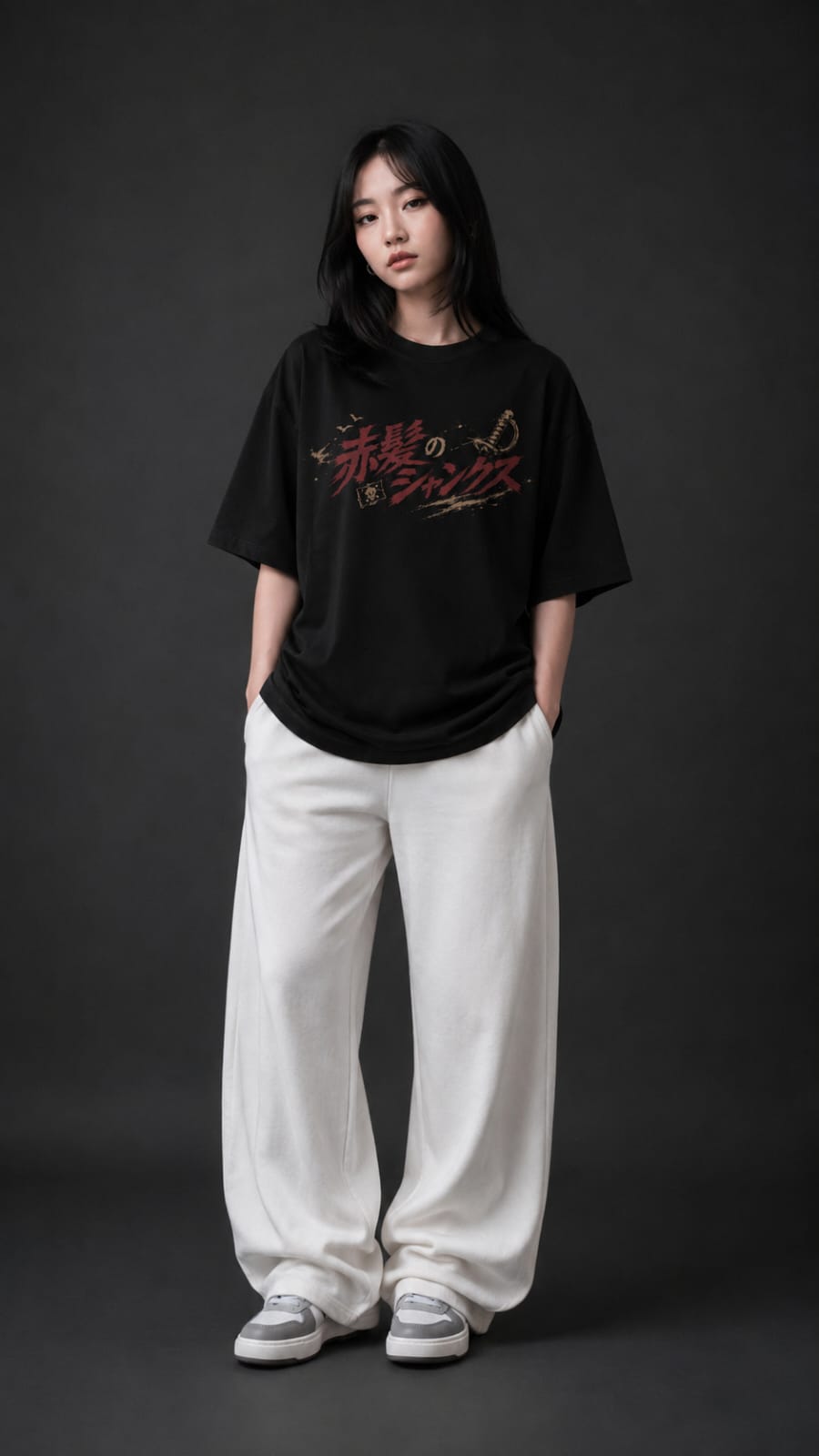 Shanks "Red Hair Pirates" Japanese Kanji Oversized Anime T-Shirt – Black
