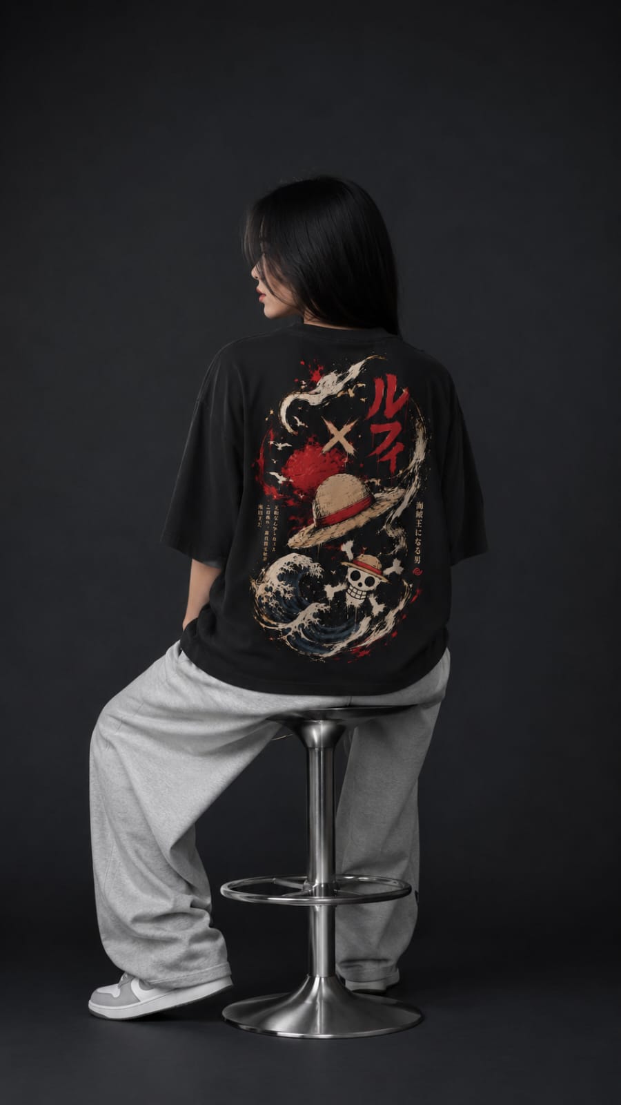 Monkey D. Luffy Straw Hat Japanese Wave Oversized Anime T-Shirt – Black