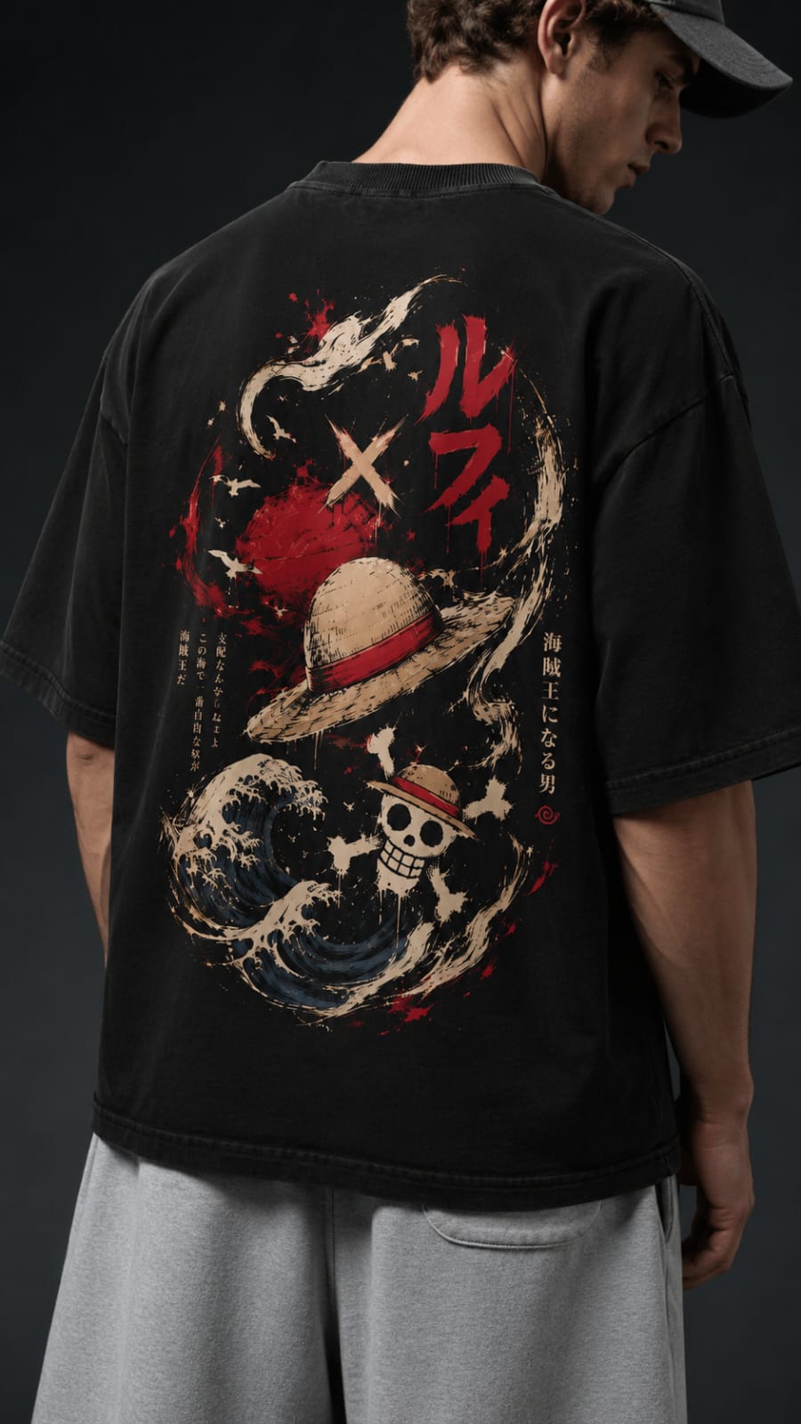 Monkey D. Luffy Straw Hat Japanese Wave Oversized Anime T-Shirt – Black