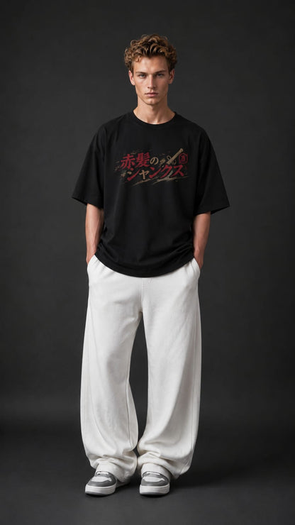 Shanks "Red Hair Pirates" Japanese Kanji Oversized Anime T-Shirt – Black