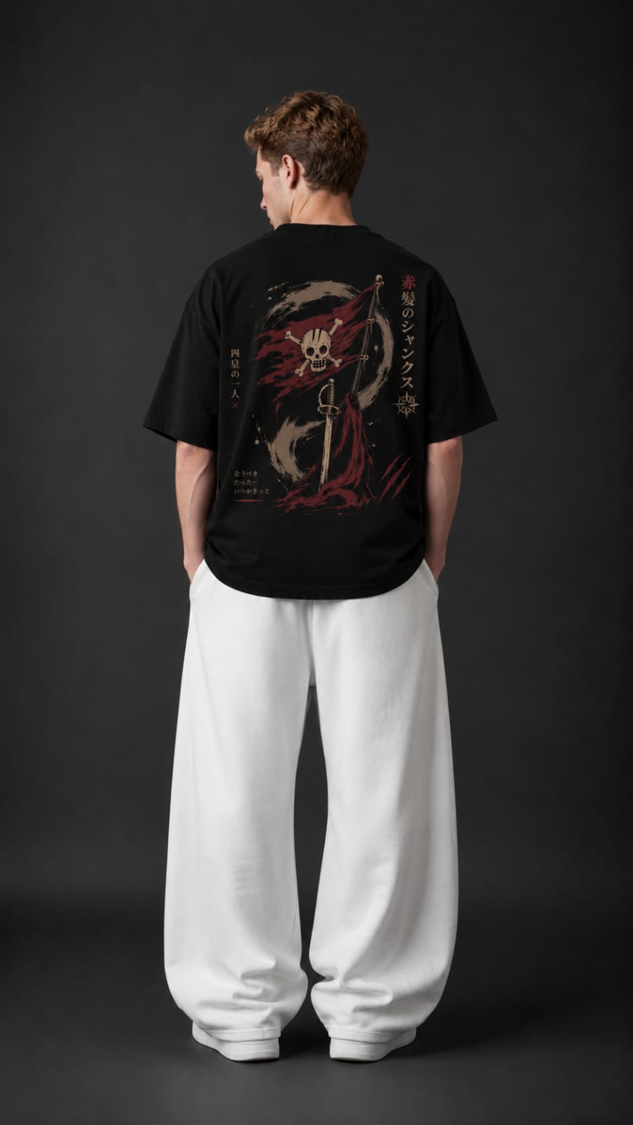Shanks "Red Hair Pirates" Japanese Kanji Oversized Anime T-Shirt – Black