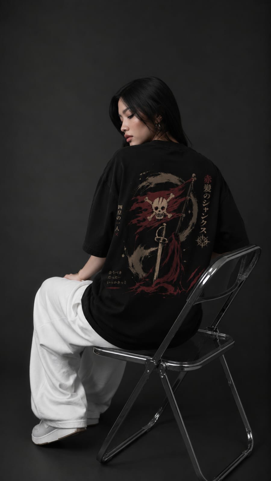 Shanks "Red Hair Pirates" Japanese Kanji Oversized Anime T-Shirt – Black