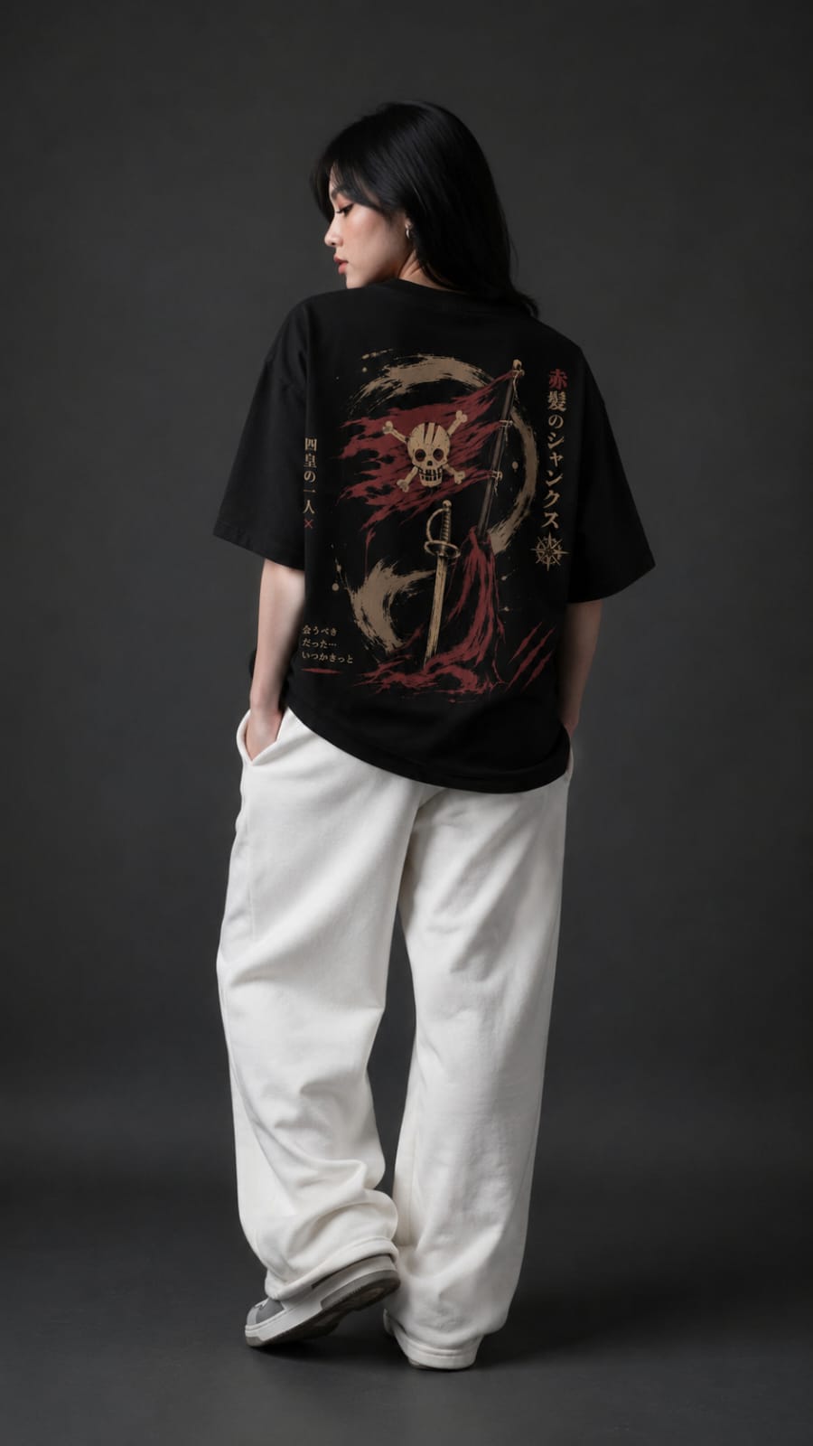 Shanks "Red Hair Pirates" Japanese Kanji Oversized Anime T-Shirt – Black