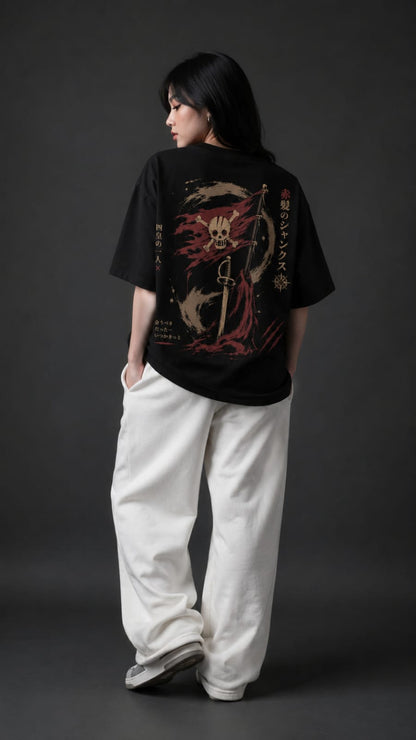 Shanks "Red Hair Pirates" Japanese Kanji Oversized Anime T-Shirt – Black