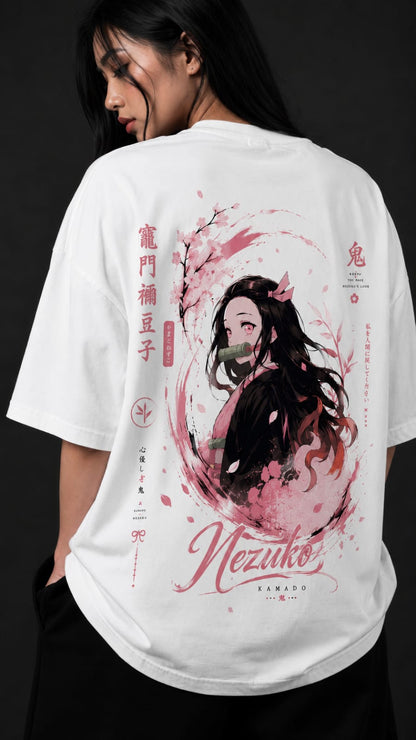 Demon Slayer "Nezuko Kamado" Oversized T-Shirt - Premium White Pink Cherry Blossom Graphic Tee