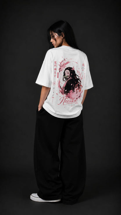 Demon Slayer "Nezuko Kamado" Oversized T-Shirt - Premium White Pink Cherry Blossom Graphic Tee