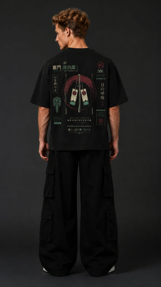 Demon Slayer "Sun Breathing" Oversized Anime T-Shirt - Premium Black Graphic Tee (Tanjiro Inspired)