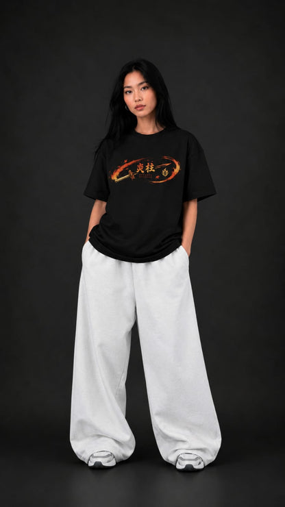Demon Slayer "Flame Hashira" Rengoku Oversized T-Shirt - Premium Black Fiery Graphic Tee