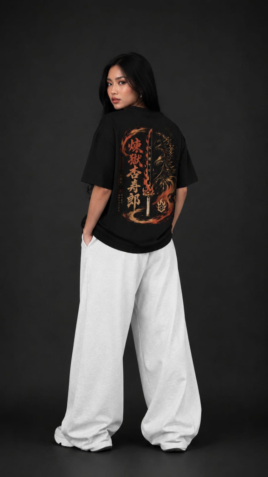 Demon Slayer "Flame Hashira" Rengoku Oversized T-Shirt - Premium Black Fiery Graphic Tee