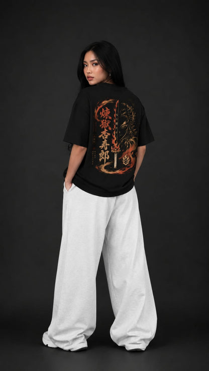 Demon Slayer "Flame Hashira" Rengoku Oversized T-Shirt - Premium Black Fiery Graphic Tee