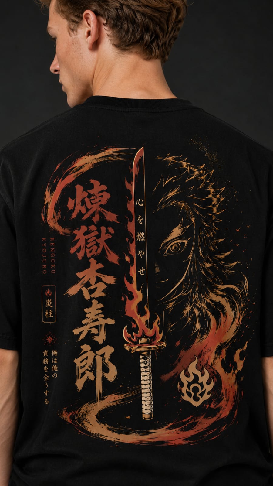 Demon Slayer "Flame Hashira" Rengoku Oversized T-Shirt - Premium Black Fiery Graphic Tee