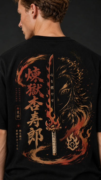 Demon Slayer "Flame Hashira" Rengoku Oversized T-Shirt - Premium Black Fiery Graphic Tee