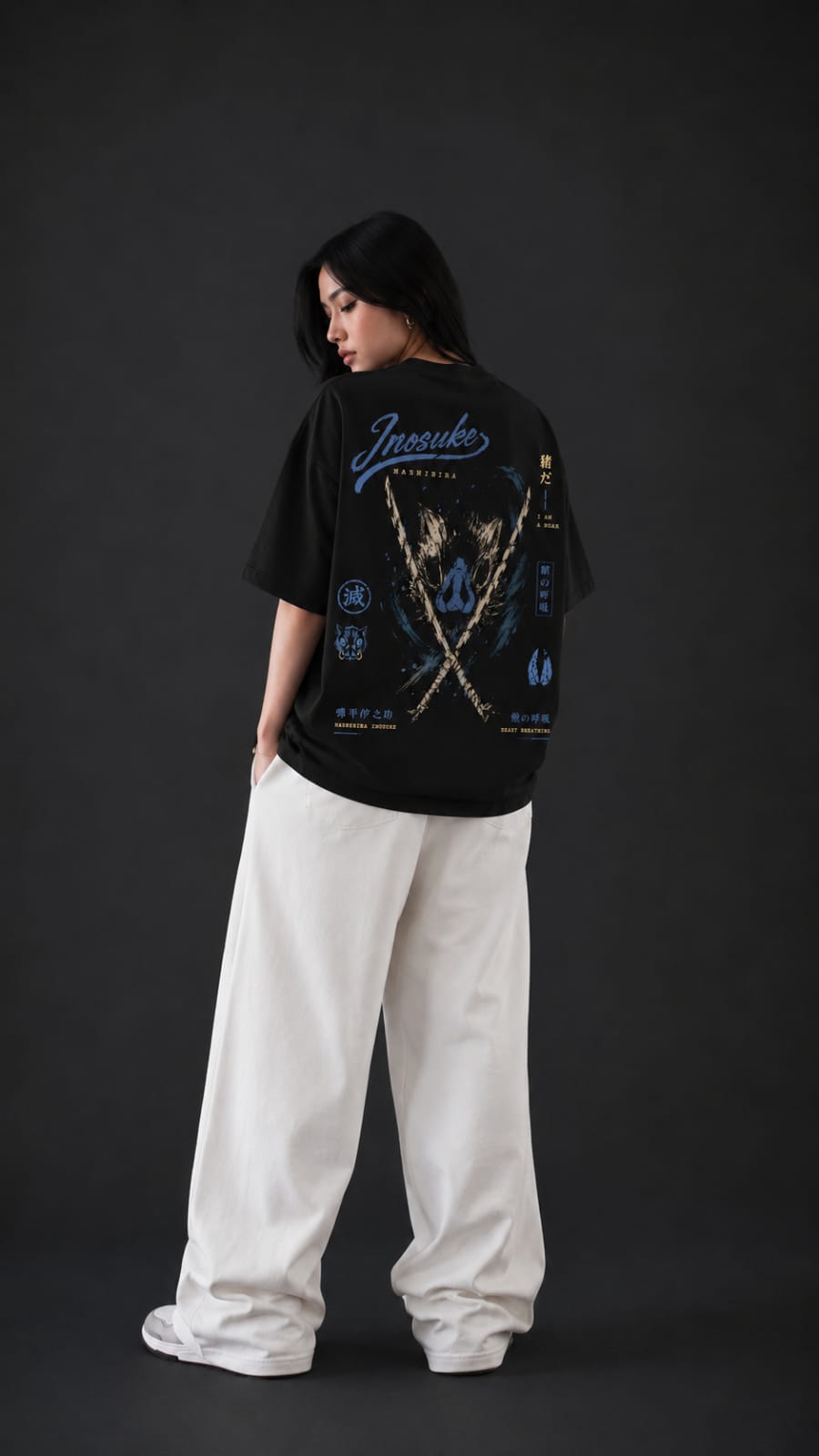 Demon Slayer "Beast Breathing" Inosuke Oversized T-Shirt - Premium Black Blue Graphic Tee