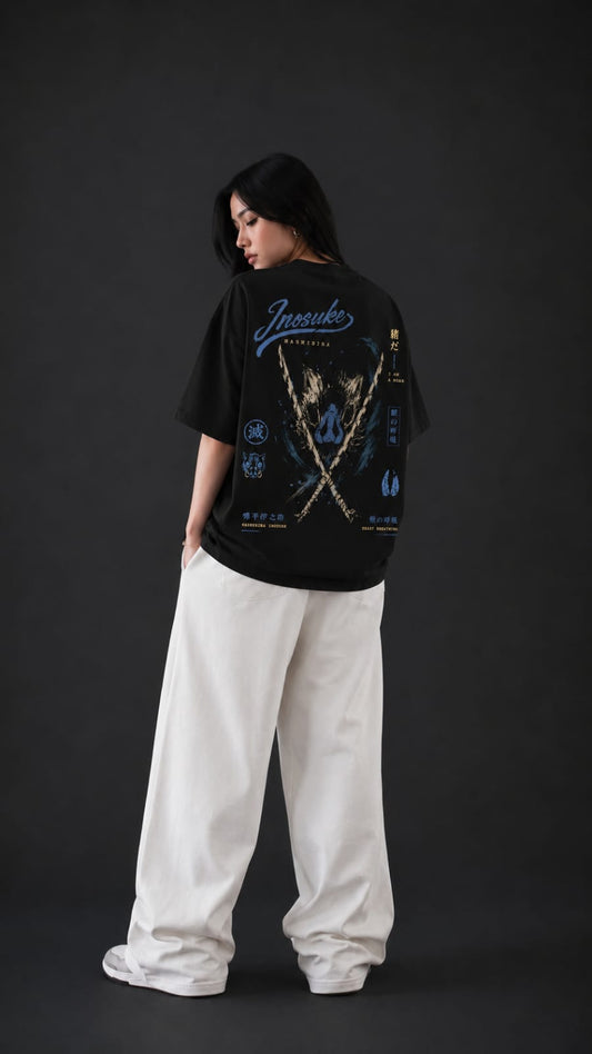 Demon Slayer "Beast Breathing" Inosuke Oversized T-Shirt - Premium Black Blue Graphic Tee