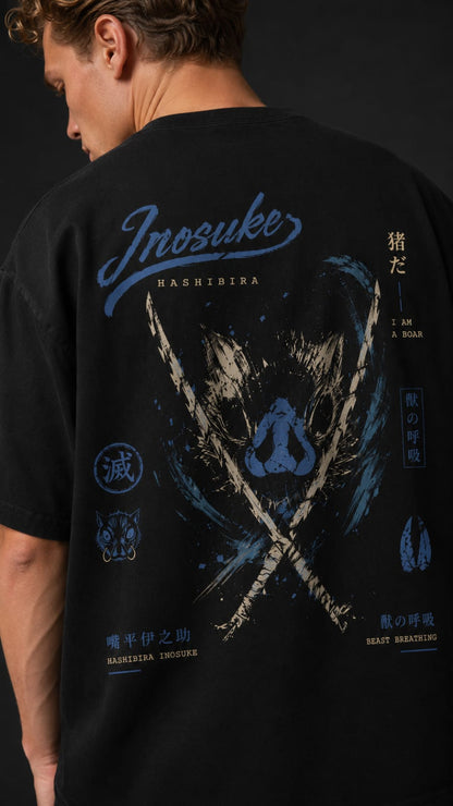 Demon Slayer "Beast Breathing" Inosuke Oversized T-Shirt - Premium Black Blue Graphic Tee