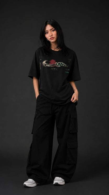 Demon Slayer "Sun Breathing" Oversized Anime T-Shirt - Premium Black Graphic Tee (Tanjiro Inspired)