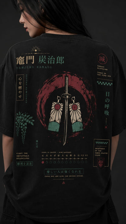 Demon Slayer "Sun Breathing" Oversized Anime T-Shirt - Premium Black Graphic Tee (Tanjiro Inspired)