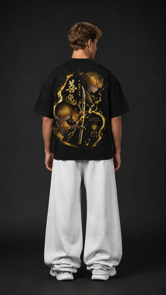 Demon Slayer "Thunder Breathing" Zenitsu Oversized T-Shirt - Premium Black Golden Lightning Graphic Tee