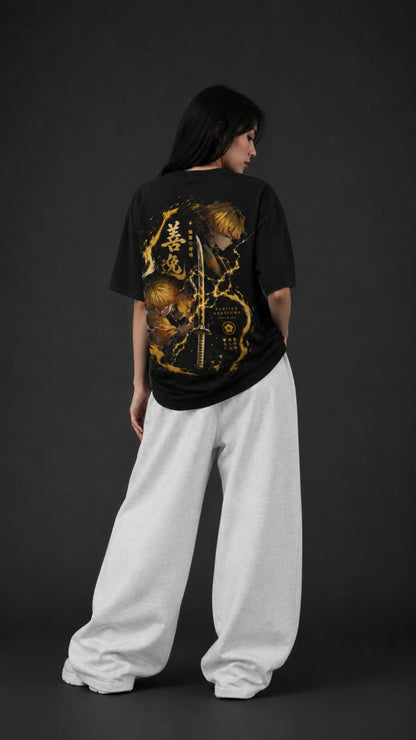 Demon Slayer "Thunder Breathing" Zenitsu Oversized T-Shirt - Premium Black Golden Lightning Graphic Tee