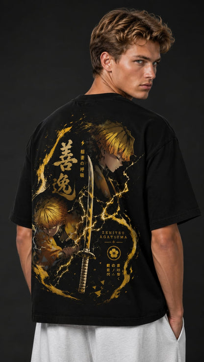 Demon Slayer "Thunder Breathing" Zenitsu Oversized T-Shirt - Premium Black Golden Lightning Graphic Tee